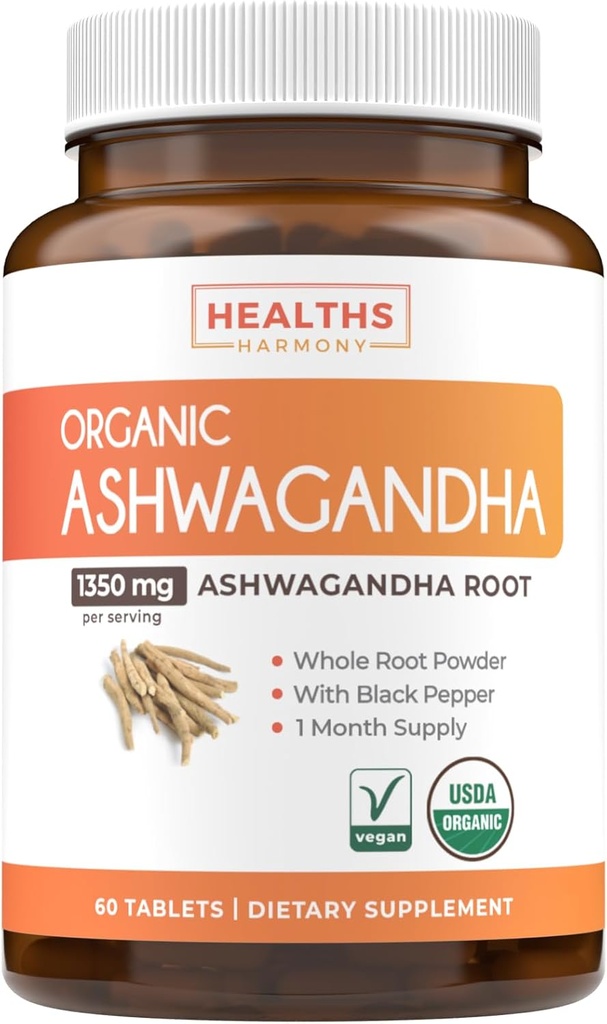 USDA Organical Ashwagandha 补充剂 - 用有机黑辣椒制成用于强化吸收的药丸 - Vegan Non-GMO在美国和实验室验证(1个月供应)