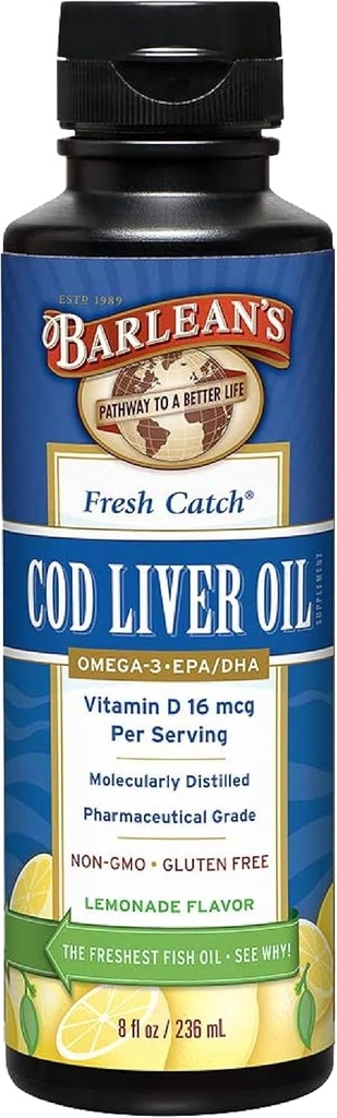 Barlean的Cod Liver油液补充剂,Omega 3鱼油,配有900mg EPA和DHA Plus维生素D,联合、脑和心脏健康支持补充剂,柠檬汁Flavor,8 oz