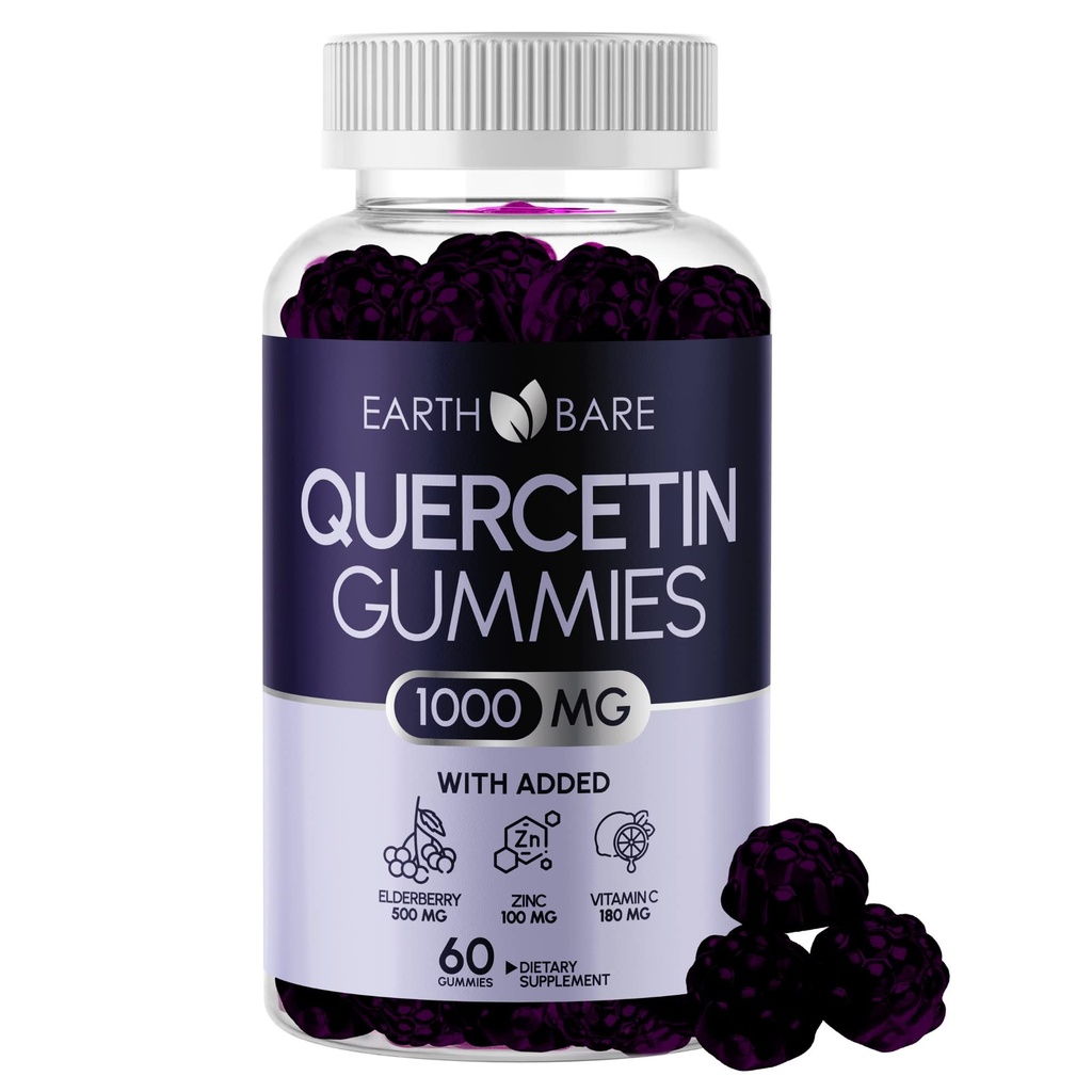 Quercetin Gummys 配有 长老莓, 锌和维生素 C – 免疫支持补充剂 – 抗氧化剂和季节性健康 – Vegan, Non-GMO, Natural Berry Flavor – 60 Gummys