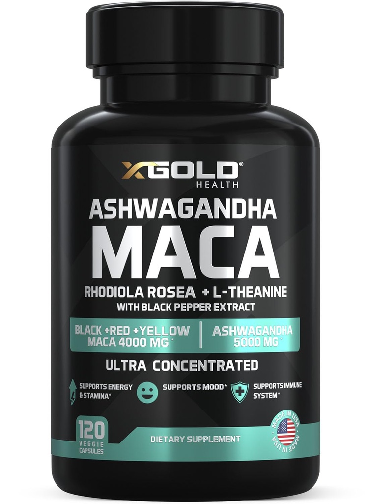 Ashwagandha 5000mg + Maca 根黑,红,黄4000mg,Rhodiola & L-Theanine: 30:1 提取 Ashwagandha Capsules, 20:1 提取 Maca 根黑 - 男女补编