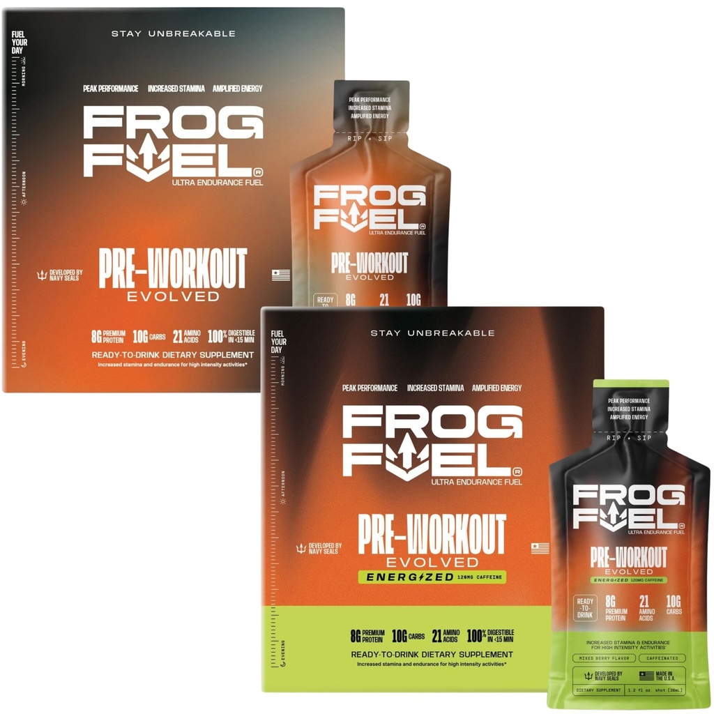 Frog Fuel Ultra & Ultra Energized Prework Shot Bundle with 1500mg Beta Alanine, 电解质 8g 蛋白质 Nano-Hydrolyzed 草药Collagen, 10g 碳化物, Berry, 1.2 oz Packets, 48 Pack