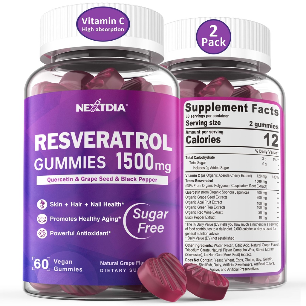 Resveratrol 补编 1500mg - Resveratrol Gummys 支持NAD+,NMN & NMNH 协同,配有 Quercetin, Grape Seed, Acai Berries 提取抗氧化剂,健康老化和寿命,皮肤,大脑 - 2Pcs