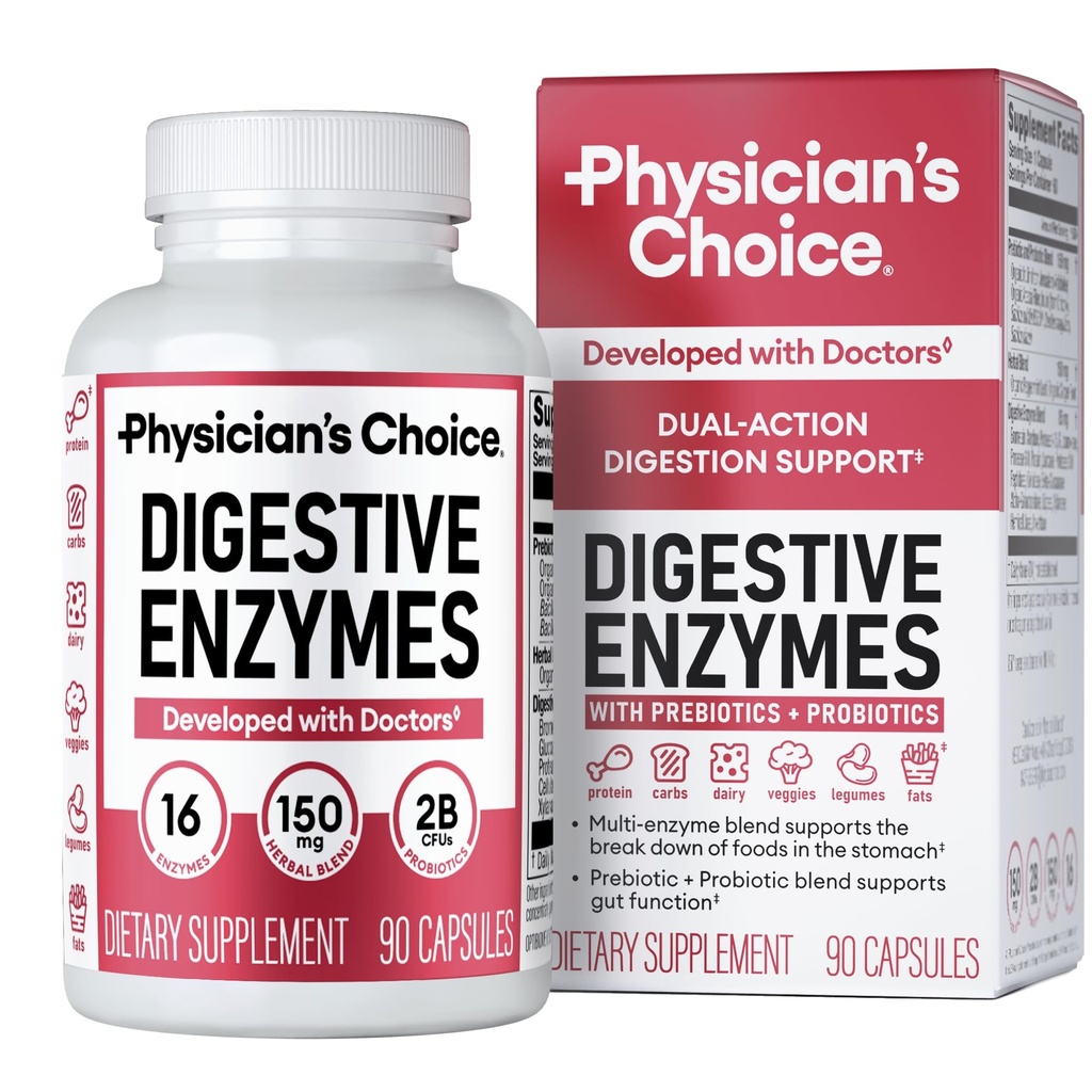 物理学家的CHOICE 消化酶(Bloating & Digestion) - 16种带有有机先生素的酶(Probiotics & Probiotics for Gut & Digestive Health) - 饮食时间不适的缓解 - 双重行动支持 - 90 CT