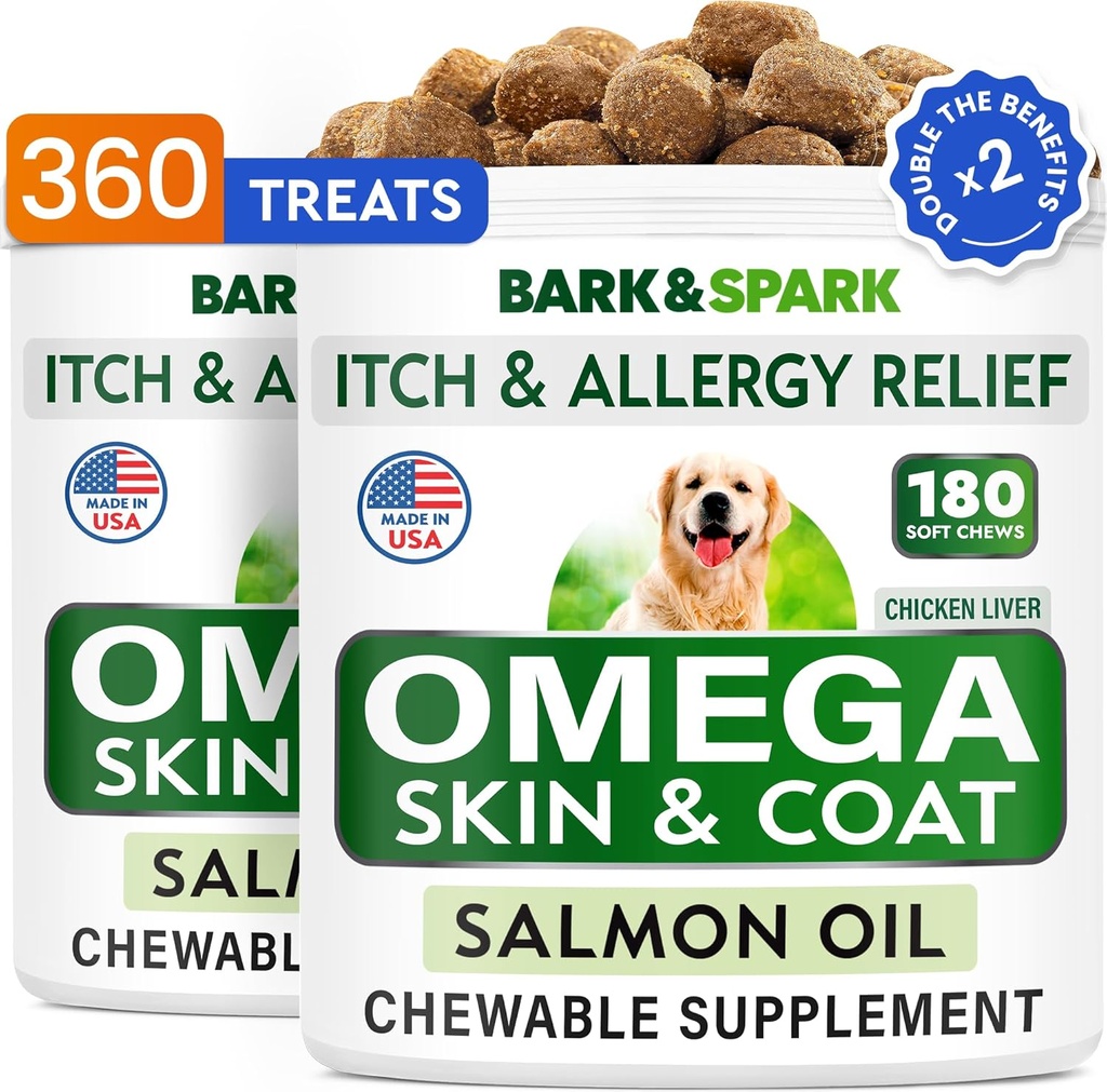 BARK&SPARK(2 Omega 3 包供养狗 -- -- 360 鱼油炖饼供养狗舍丁、皮肤过敏、减痒、热点治疗 -- -- 联合健康 -- -- 皮肤和煤炭补充 -- EPA&DHA) 脂肪酸