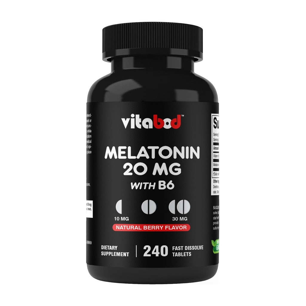 Vitabod Melatonin 20 毫克 - 240 快速溶解片 - 药物无毒 - 天然Berry Flavor - 蔬菜, Non-GMO, Gluten Free 240 Count (Pack of 1) (240 Count of 1)