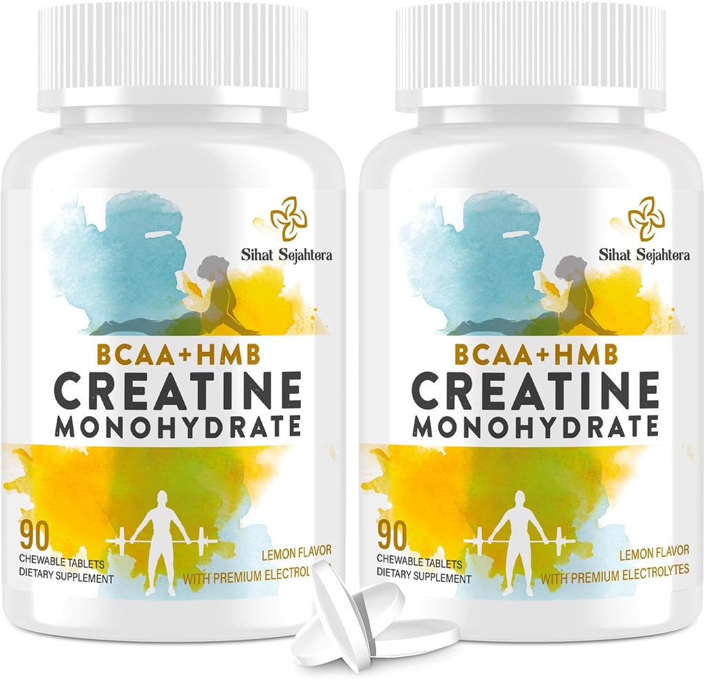 8-in-1 Creatine 单水合物,含BCAA & HMB, 雄性与雌性5000毫克,Creatine Chews for Muscle, recovery, 耐力与强度,高吸收,柠檬火焰,无糖,180片