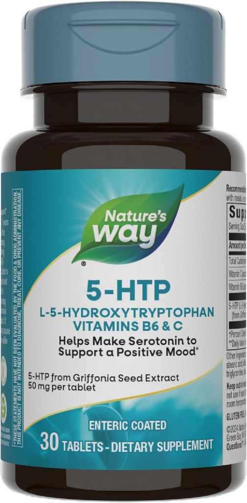 自然之道5-HTP,L-5-Hydroxytryptophan,帮助制作血清素以促进正面展望*,维生素B6,维生素C,格里夫尼亚豆提取,30块片(包装5月Vary)