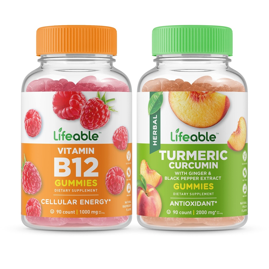 活生生的维生素B12 + Turmeric Curcumin, Gummys Bundle - 大品尝,维生素补充,Gluten自由,GMO自由,可嚼