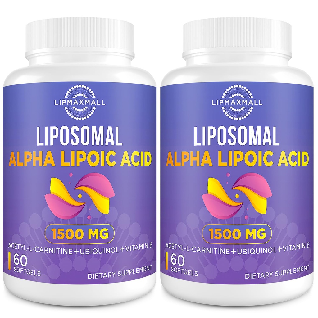 Liposomal Alpha Lipoic Acid 1500mg - 含乙酰-L-Carnitine 900mg & Ubiquinol 100mg & Vitamin E 15mg,ALA 抗氧化剂Glucose代谢Nerve 能量补充剂,60软胶(2瓶)