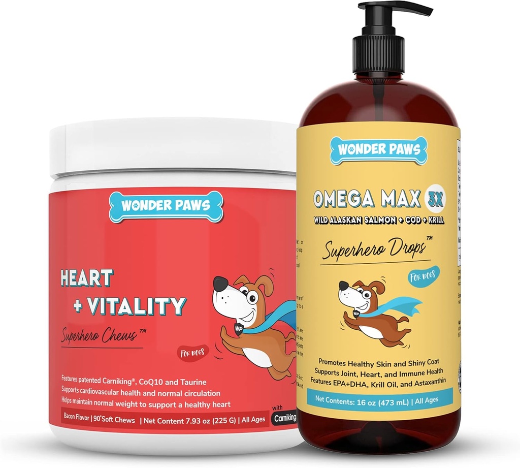 WONDER PAWS Heart + Virtuality Superhero Chews Plus Omega Max Fish Oil - 用于狗心健康,皮肤和联合护理与免疫支持 - 心脏 + Virtuality 90 Chews - Omega Max 16 Ounces