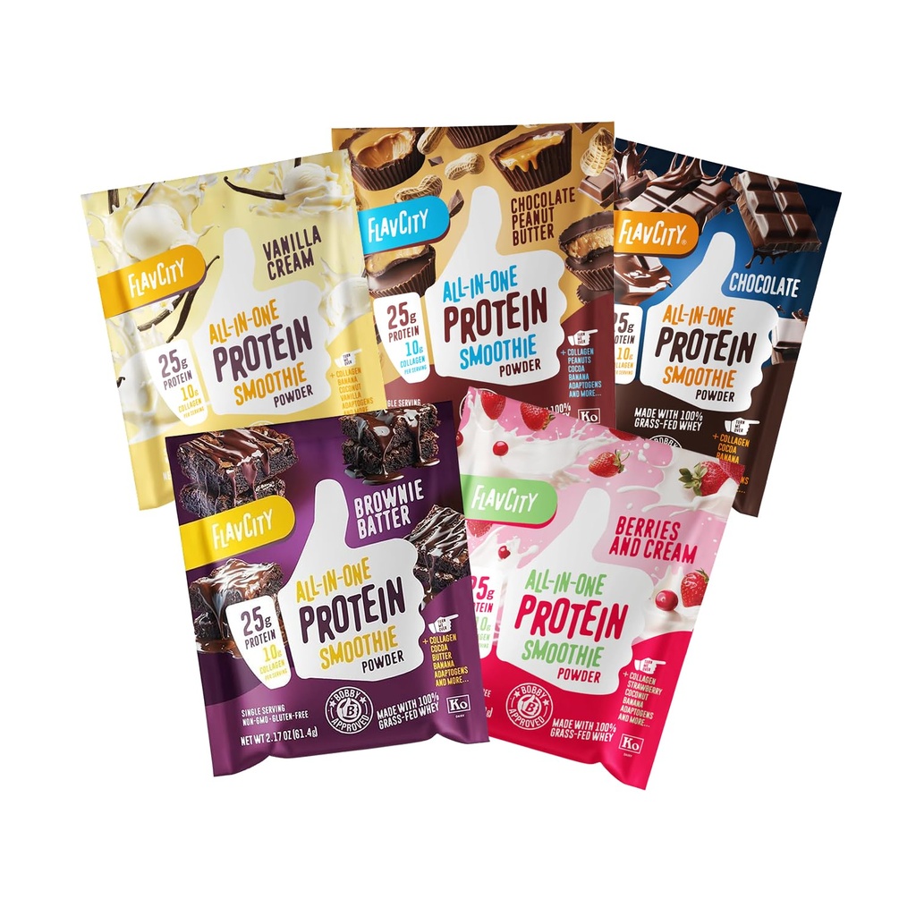 FlavCity All in One Protein Shake Powder Packets - 在Go Meal 替代品上+ 25g 蛋白质 & 10g Collagen, 用有机Reishi & Cordyceps 蘑菇制造 - 无添加糖, Variety 10 pack