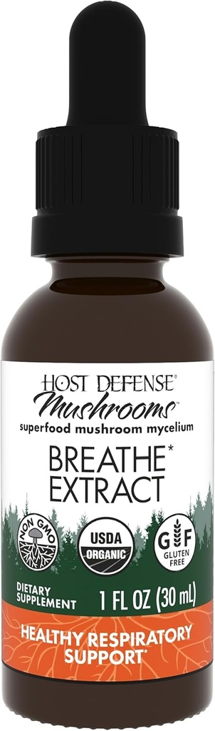 Host Defence Breathe * 摘录 - 免疫和呼吸辅助蘑菇液体补充剂 - 配有Chaga, Reishi & Cordyceps的草药肺健康补充剂 - 1 fl oz(30名服务员)*