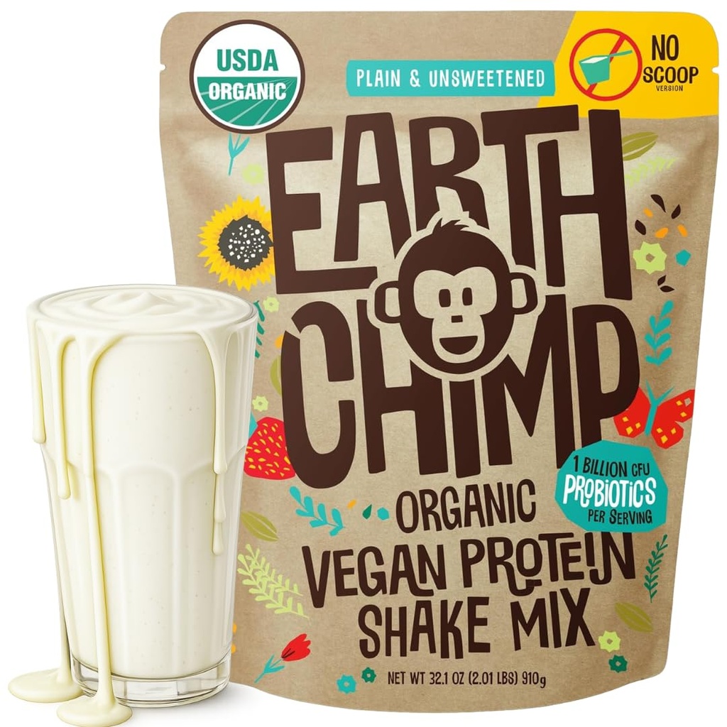 Earth Chimp Organization Vegan蛋白粉 - 配有Probiotics - 非转基因生物,乳品免费,Non Whey, 男女植物蛋白粉,Gluten免费 - 26 service 32 Oz(Plain & Unsweeted) No Scoop