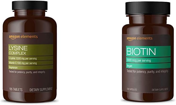 含有维生素C的赖氨酸复合物(1,500毫克L-赖氨酸,每剂维生素C100毫克-3片)、支持Immune健康、蔬菜、195个计数(包装可能不同)和元素Vegan Biotin 5000 mcg - 头发、皮肤、钉子、130个卡普尔(供应4个月)