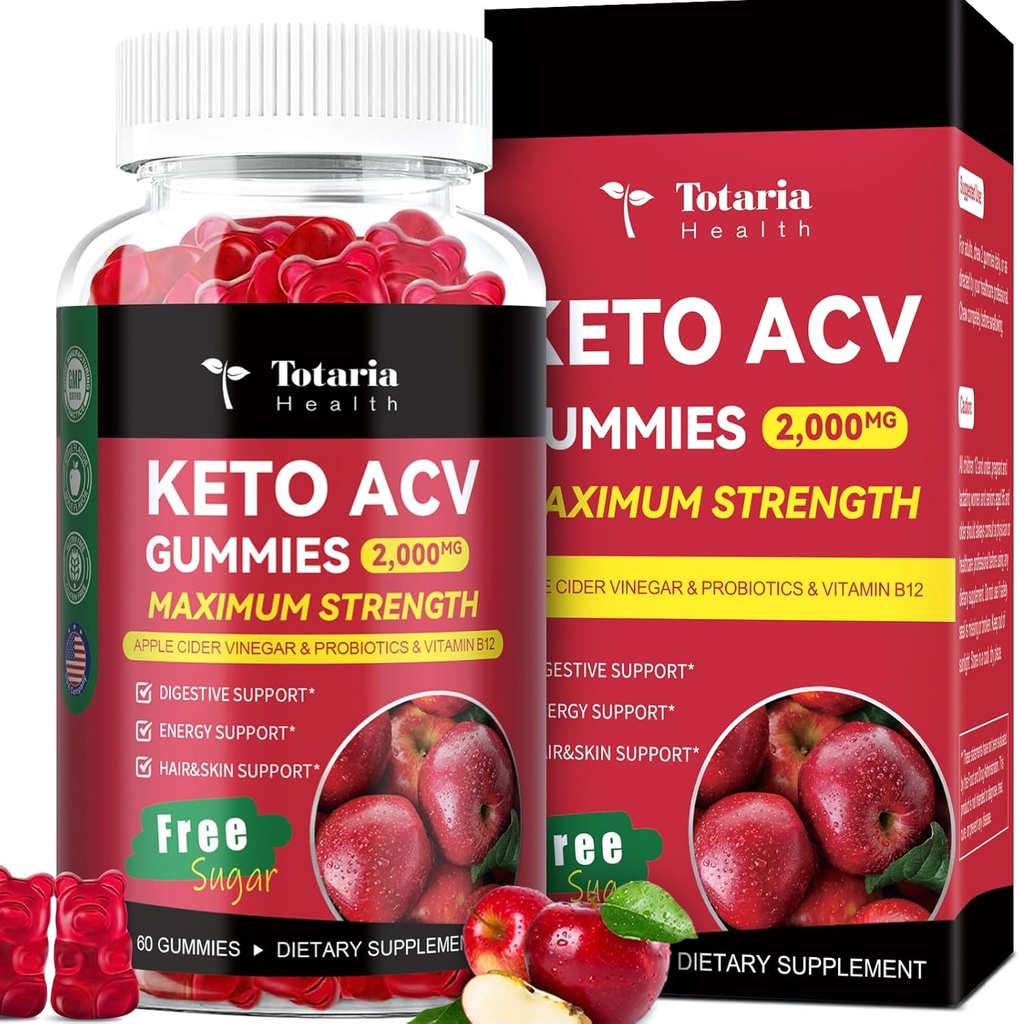 Totaria Keto ACV Gummys - 2000mg Apple Cider Vinegar Gummys 无糖支持 Probiotics, B12, Keto Supplements for Women and Men, 60 Counts