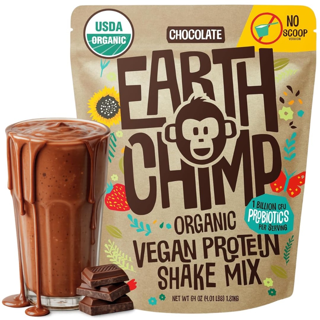 Earth Chimp Organization Vegan蛋白粉 - 配有Probiotics - 非转基因生物,乳制品免费,Non Whey, 以植物为基础的男女蛋白粉,Gluten免费 - 52 services 64 Oz (Chocolate) No Scoop