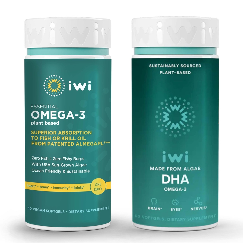 Iwi Omega-3 基本 & DHA Omega-3 Bundle, 30名服务员, Vegan 植物型藻 Omega 3, Krill 和鱼油替代品,无鱼味余料
