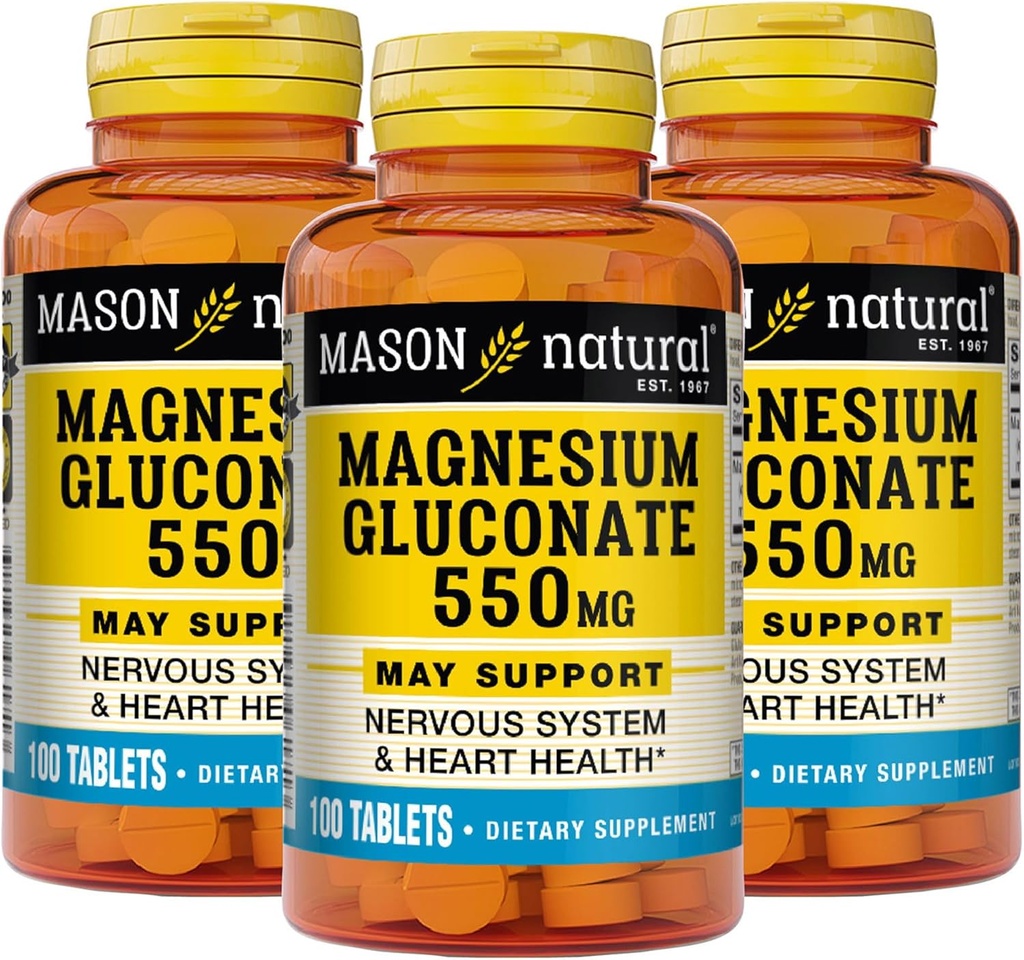 Mason Natural Magnesium Gluconate 550 mg,为正常健康心脏和神经系统支持提供300天供应,100平板(3包)