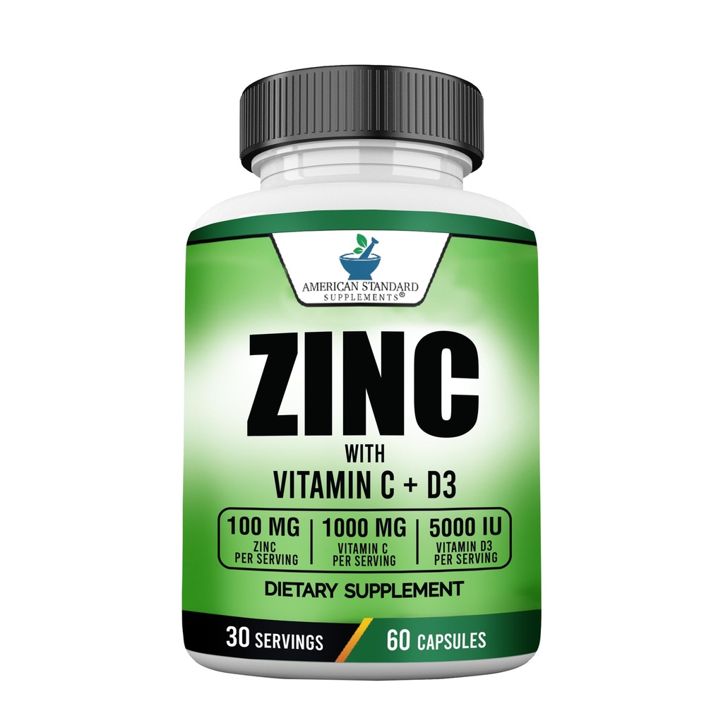 美国标准补充锌100mg,维生素C1000mg,维生素D35000 IU(125mcg) Per Service - Gluten Free, Non-GMO, 60 Capsules, 30 services