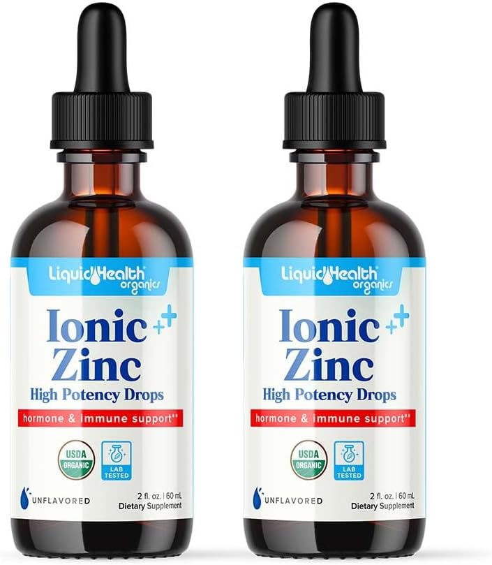 LIQUIDHEALTH USDA 有机离子锌高活性滴 - 追踪矿物液体维生素补充剂 成人,儿童 - 免疫和消化支持,皮肤和伤口健康 - 美国制造,维冈,非GMO(2包)