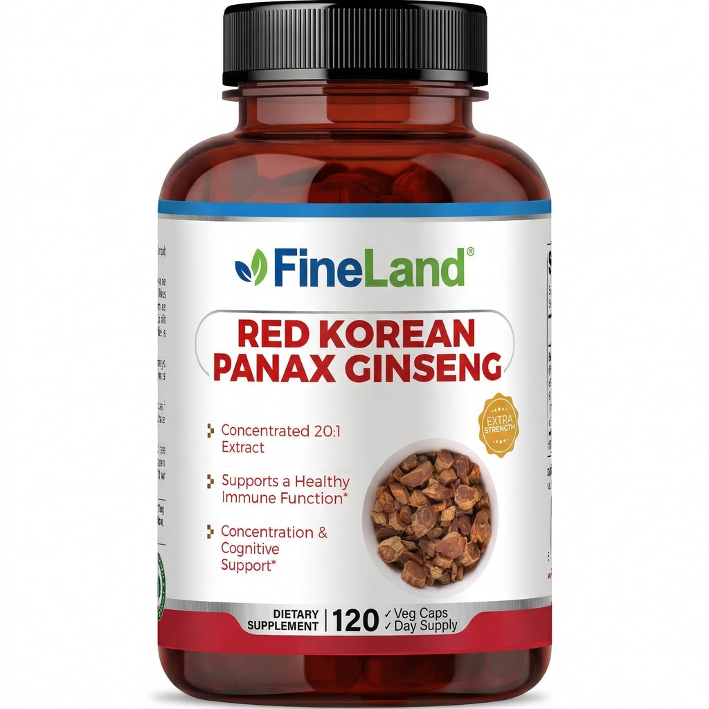 FineLand Red Korean Panax Ginseng 13,000 mg - 最大强度 20:1 摘录 - 集中性免疫和认知支持 男女辅助 - 120 Veggie Capsules