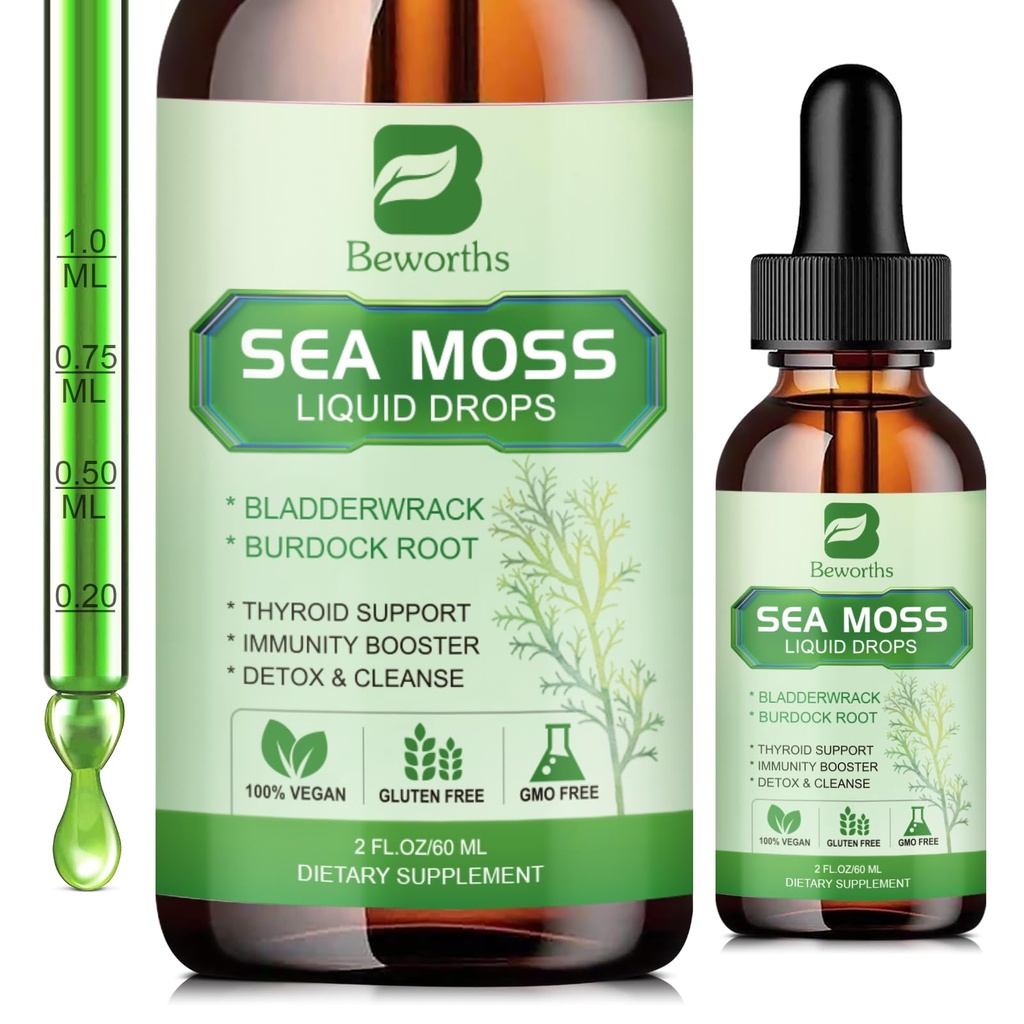 Sea Moss液滴 - 爱尔兰有机海 Moss Gel 配有Spirulina, Bladderwrack, Burdock Root, Seamoss Gel 联合,解毒清洁和消化支持补充 - 2 Fl Oz, Vegan