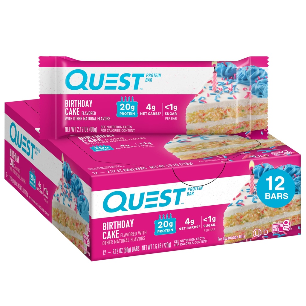 Quest营养 生日蛋糕蛋白棒,20g蛋白,1g糖,4g Net Carbs, Gluten Free, Keto Friendly, 12 Count