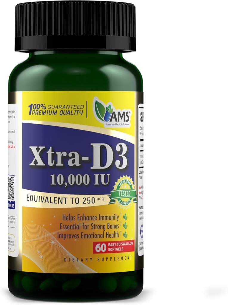 美国医学与科学 Xtra D3 维生素D 10,000 IU(250 mcg) 胆固醇补充剂(60 Easy to Swallow Softgels) 最佳骨骼,心脏健康,免疫系统支持,肺功能