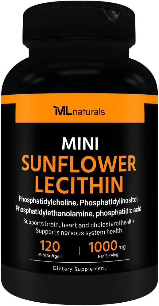 ML Naturals Mini Sunflower Lecithin 1000 mg 120 软胶,易吞,支持脑健康. 非GMO、NSF认证和cGMP-兼容