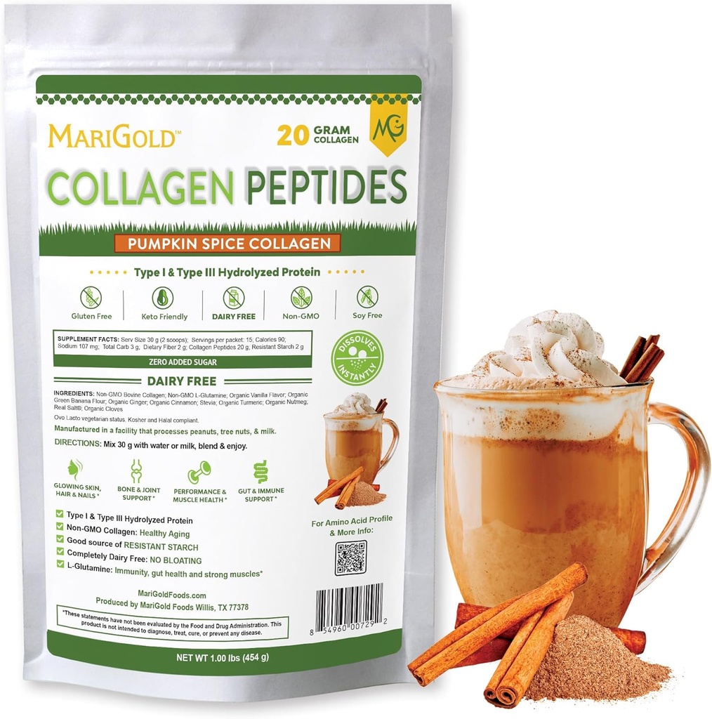 MariGold Grassfeed Collagen Peptides Powder Pumkin Spice 1LB - 100%纯度,I型和III型Bovine水解Collagen,非GMO,Hormone Free,Soy Free,Gluten Free,乳品Free,Keto-Fridly 互联网档案馆的存檔,存档日期2013-12-12.