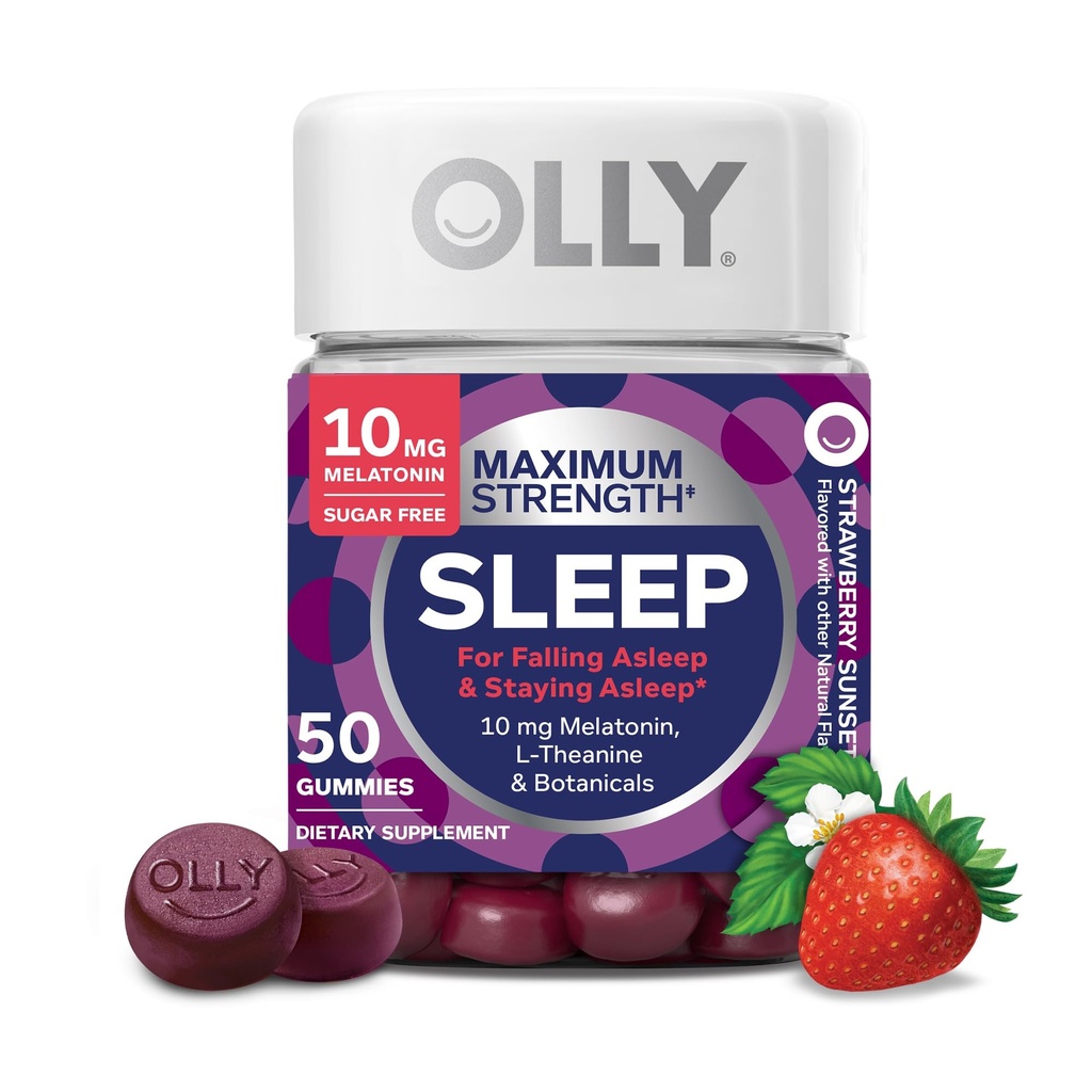 OLLY Max 强健睡眠 Gummy, 10 mg Melatonin, L-Theanine, Chamomile, Lemon Balm, 无糖, 蔬菜睡眠援助, 草莓 - 50 计数