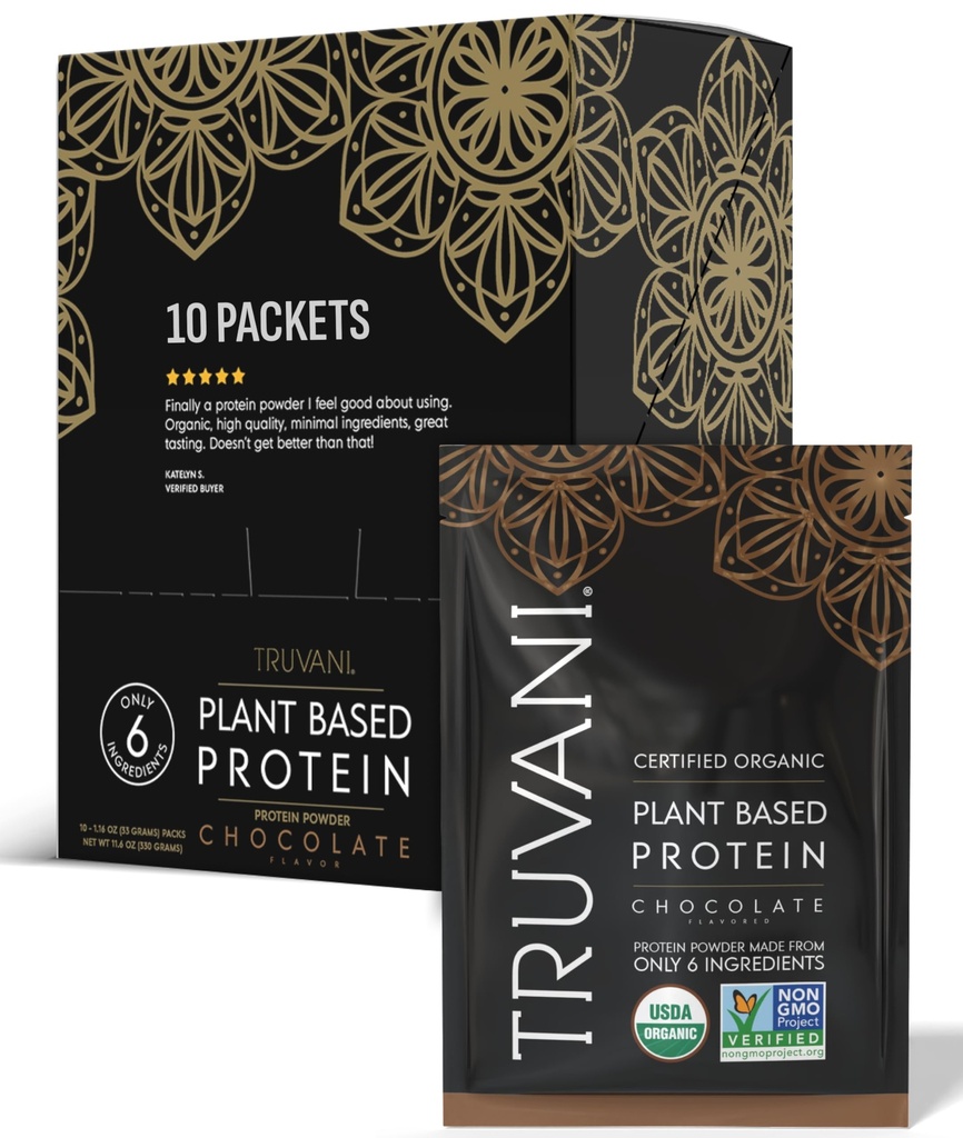 Truvani Vegan Pea 蛋白质粉 巧克力 20g 有机植物基蛋白 单服旅行包 10 服 Keto Gluten & 奶油 免费 低卡