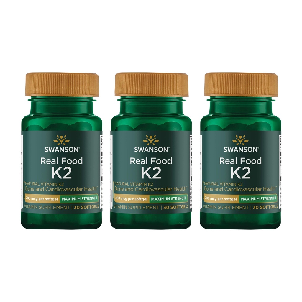 Swanson 最大强度维生素K2(Menaquinone-7)-维生素补充剂 支持心血管和骨健康-Made 来自日本的Natto 帮助调节钙(30软胶,每包200mcg)(3包)
