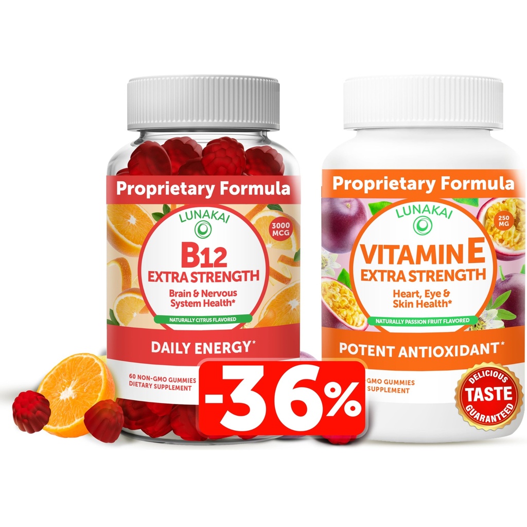 Lunakai维生素B12和维生素E Gummys Bundle - 成人能量支持和骨质健康3000 mcg Gummys - 250 mg 1000 iu 天然VIT E + C 补充剂