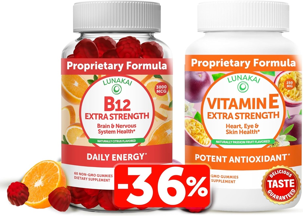 Lunakai维生素B12和维生素E Gummys Bundle - 成人能量支持和骨质健康3000 mcg Gummys - 250 mg 1000 iu 天然VIT E + C 补充剂