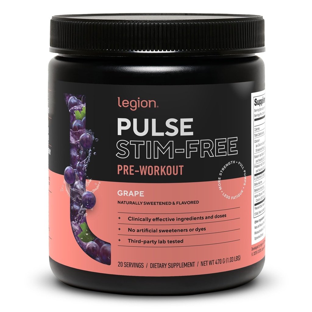 LEGION Pulse Pre Workout 补充 - 所有天然氮氧化物预研饮到靴状能量,Creatine自由,自然甜化,Beta Alanine,Citrulline,Alpha GPC(咖啡因自由葡萄)