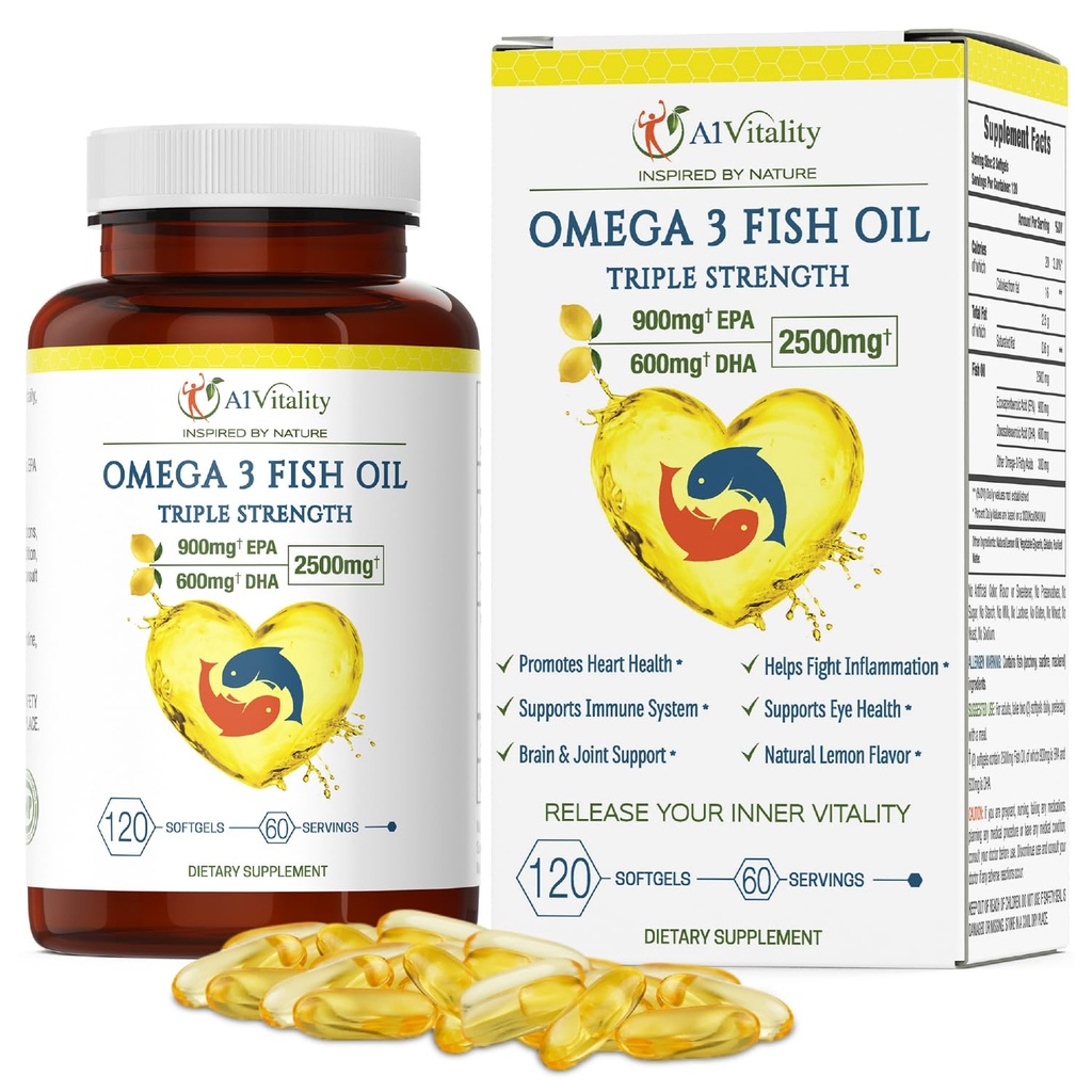 Omega 3 三强 EPA DHA 补充 - 2500mg Lemon Flawared Burpless Fish Oil - 高Potency 900mg EPA 600mg DHA 支持环流,脑,心,眼,皮肤,骨和关节 - 120软胶