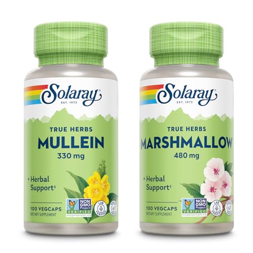 SOLARAY Mullein Leaf 330 mg and Marshmallow Root 480 mg - Wellness Bundle - 用于安慰支持的可溶性纤维中的草药高 - Vegan、N-GMO、实验室验证、60天保证、200/100 Veg Caps