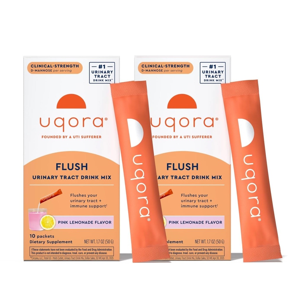 Uqora Flush - Urinary Tract* 配有D-Mannose,维生素C,维生素B6,钾,镁和钙 - Gluten-Free & Vegan - Pink Lemonade Flavor - 20 packets (2 Pack)