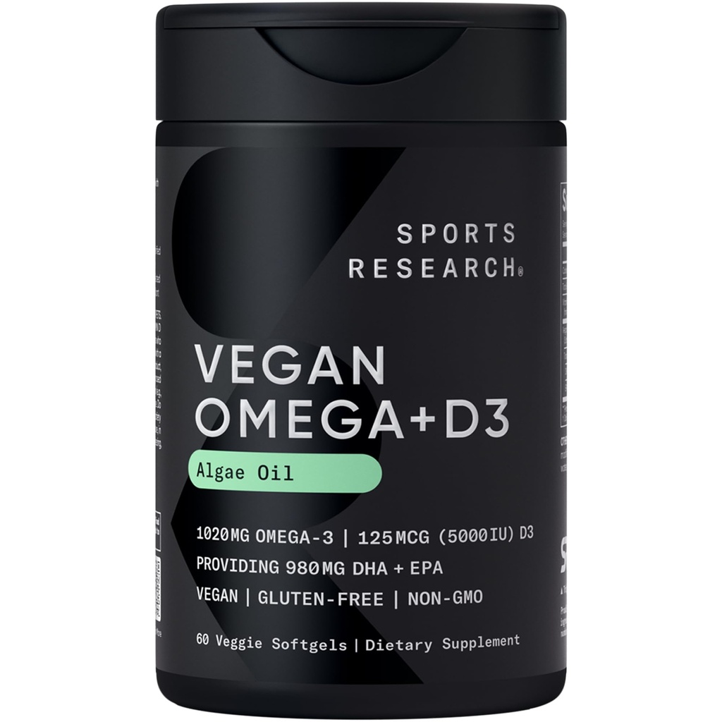 体育研究 Vegan Omega-3 配有维生素D3 软胶 - 1020mg Omega-3 & 5000iu D3 补充剂 - 鱼油替代品 配有来自藻类油的维生素D 植物支持 - 60 Veggie Softgel for adderns