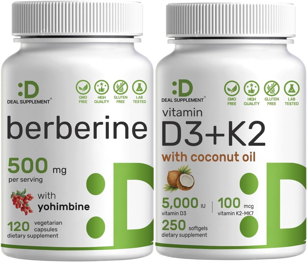 维生素D3 5000iu + K2 100mcg 软胶和柏培林补充剂 与 Yohimbine Bundle – 基本阳光维生素 – 高吸收性氯化氢HCl形式