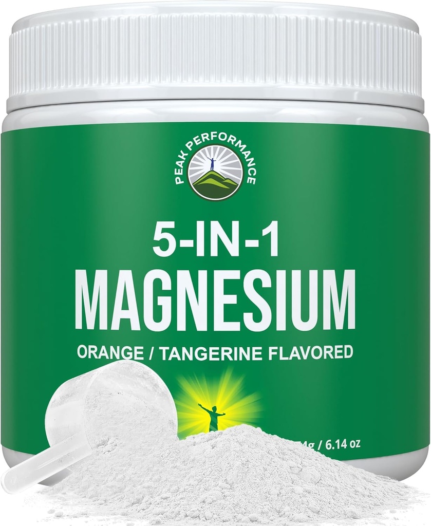 5-in-1 女性和男性的镁粉饮料. 镁甘油酸 + Citrate + Malate + Chelate + Taulate. 肌肉放松 睡眠 挤压 橙色花纹