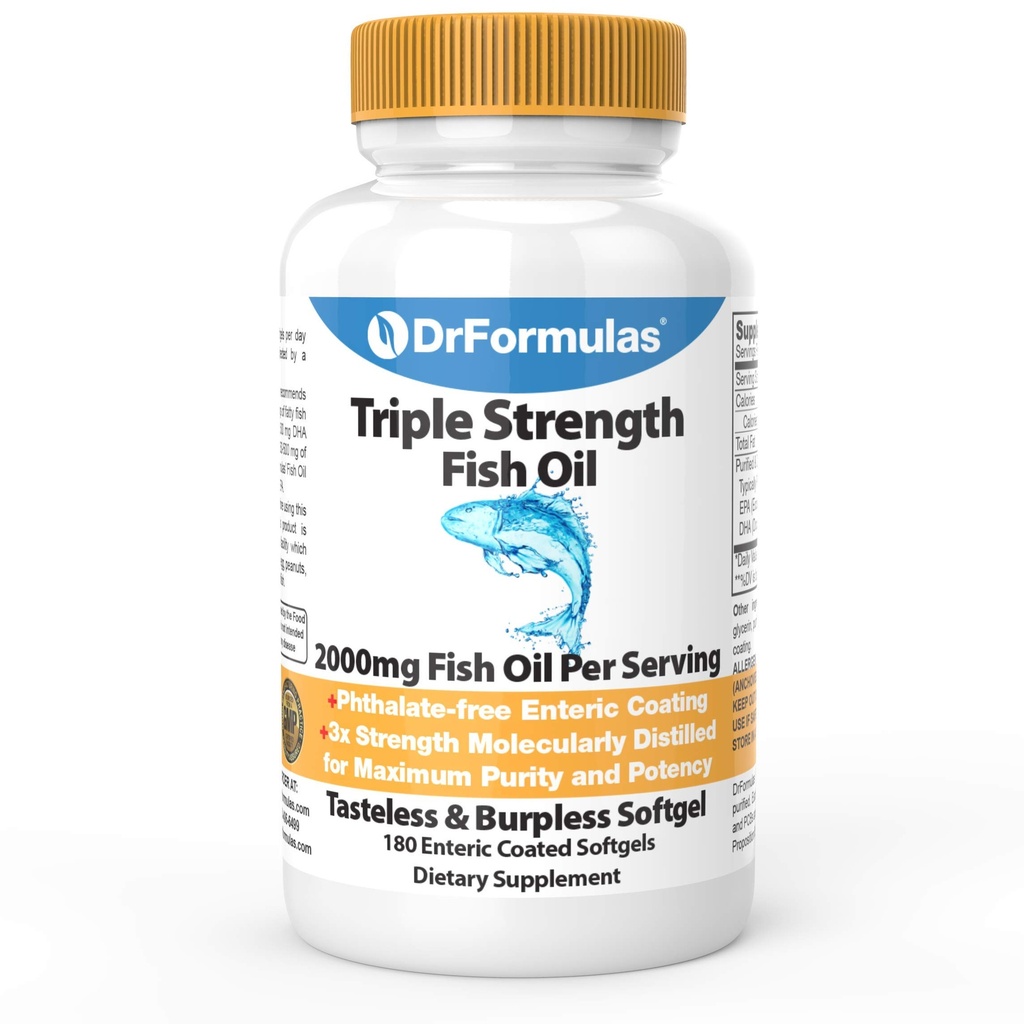 DrFormulas 2000mg 与环保局和DHA合作的三重优势Omega 3鱼油,180 Burpless软胶