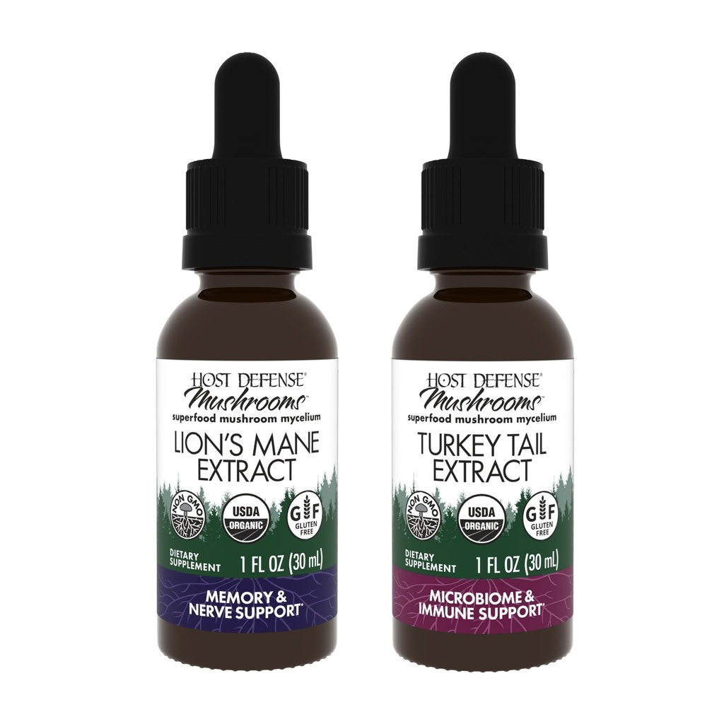 Host Defense Bundle with Lion's Mane Extract, 1 fl oz & Turkey Tail Extract, 1 fl oz - 支持脑健康,记忆和焦点 - 支持消化性健康和免疫反应*