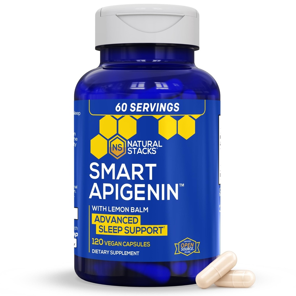 Natural STACKS Apigenin 睡眠补充剂 - 50mg Apigenin & 600mg Lemon Balm - Melatonin 免费睡眠援助 - 带有Passion Flower 供压力支持* - 120 柠檬 Balm Capsules