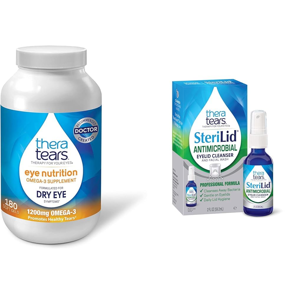 TheraTears 1200mg Omega 3 眼营养补充品,有机法拉士种子Triglyceride鱼油和维生素E,180 Counter & SteriLid Eyelid Cleanser and Face Wash,为刺激眼,2 fl oz Spray