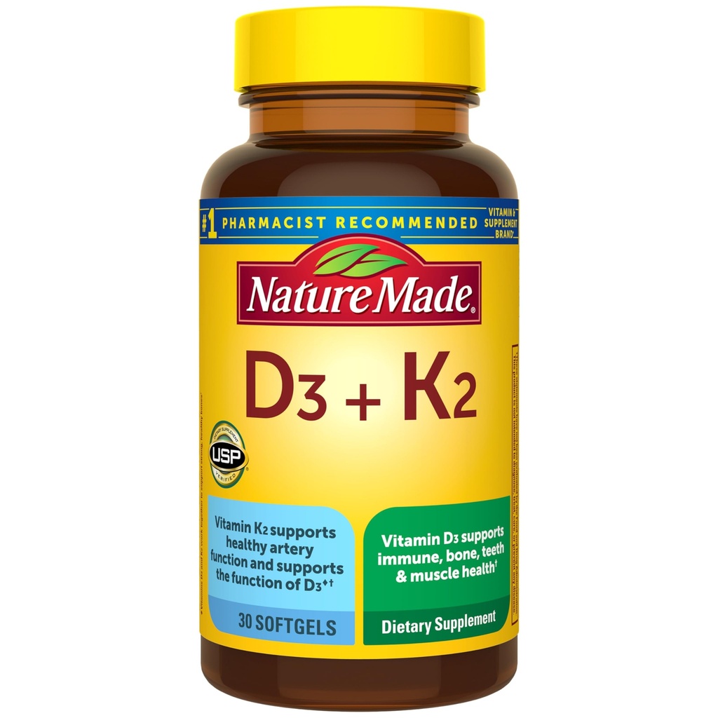 天然制维生素D3 K2 补充剂,5,000 IU(125 mcg) 骨、齿、肌肉和免疫支持维生素D,30 D3和K2 软胶,30天供应
