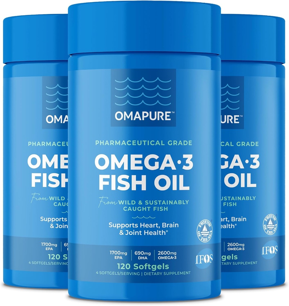 OMAPURE 鱼油补充剂 Omega 3脂肪酸(3瓶,120软胶) - 高EPA,DHA, & IFOS 鱼油药支持心与联合健康 - Burpless鱼油促进脑功能