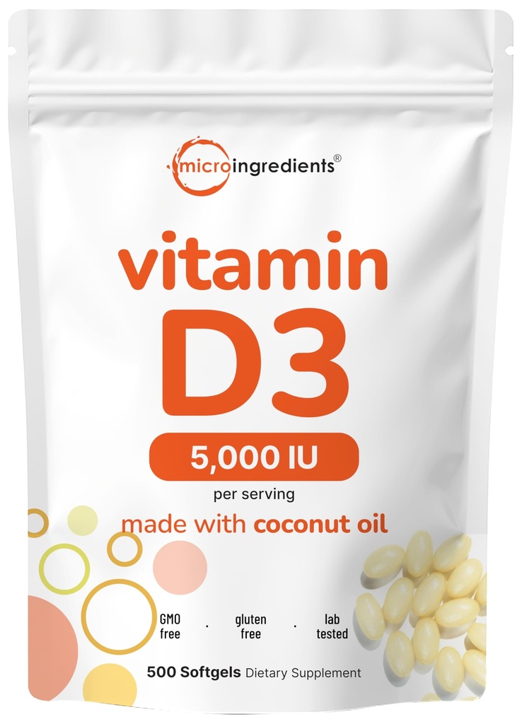 微成份 维生素 D3 5000 IU,500 Softgels | Virgin Coconut Oil | Colecalciferol Form |骨,Immune & Heart Supports | 易吞,非GMO