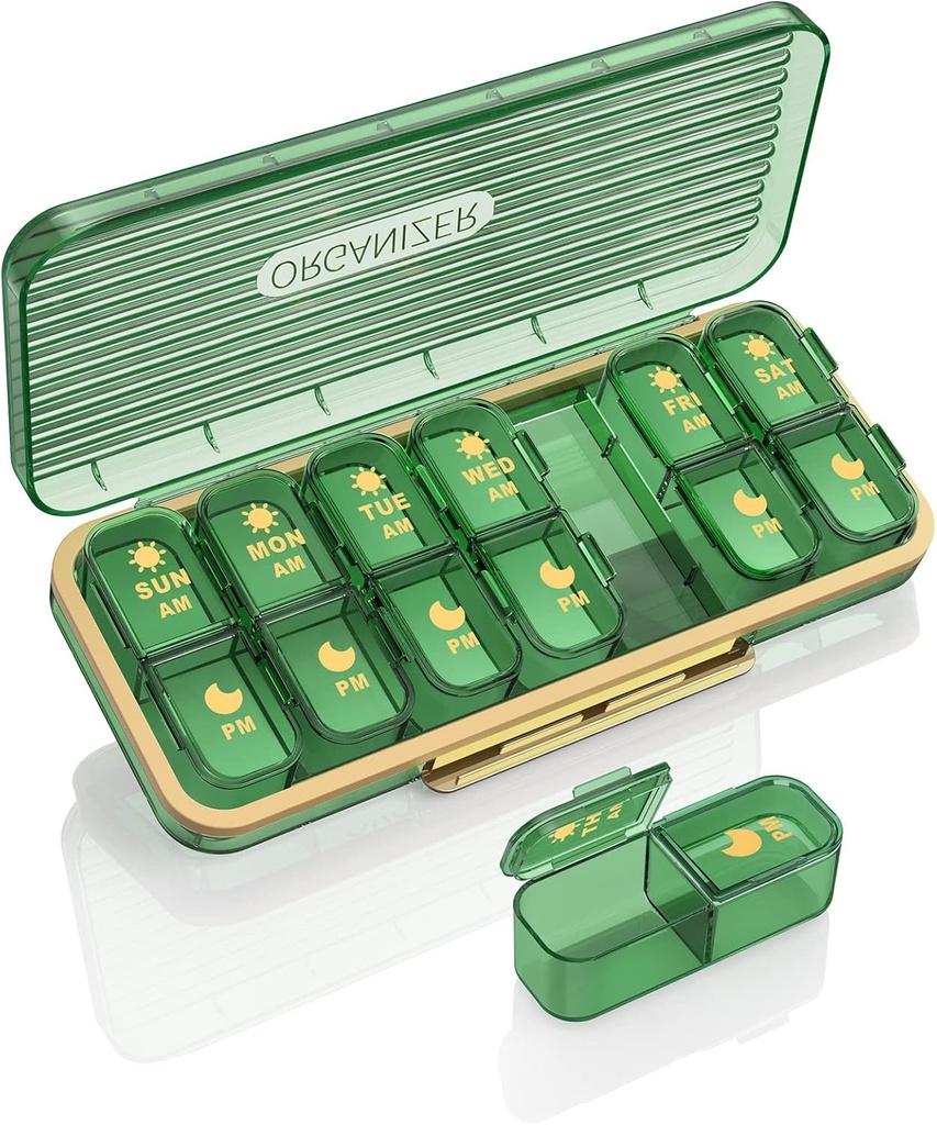 药剂组织者 2 Times A Day, 7 Day Am Pm Pill Box - Acedada 每周药剂组织者 单独集装箱 手提式每日药品计划剂 维生素 鱼油 补充剂 绿色